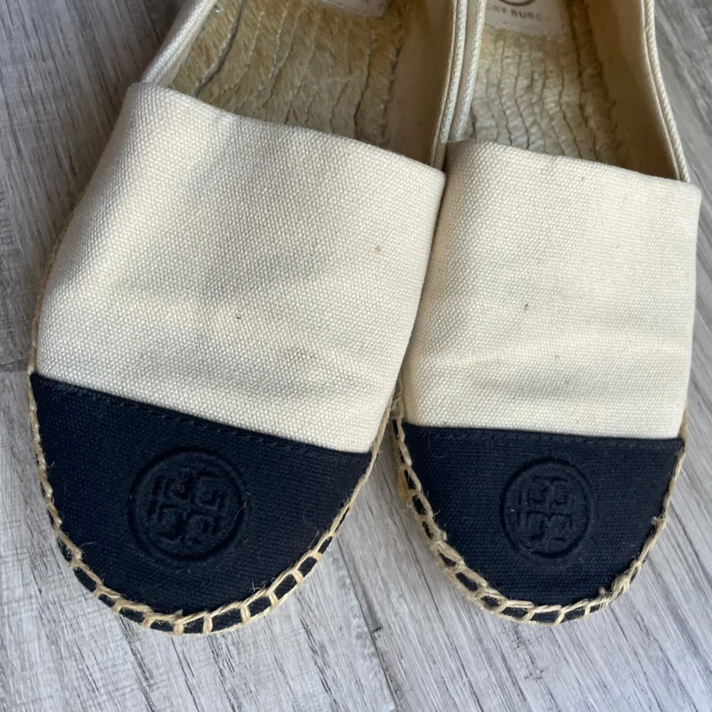 Tory Burch Canvas Espadrille Cream/Black/Tan Slip On Classic Quiet Luxury SZ 7.5